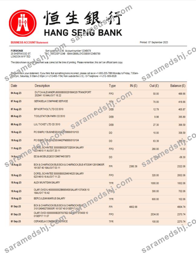 Hang Seng Bank corporate checking account statement Word and PDF template